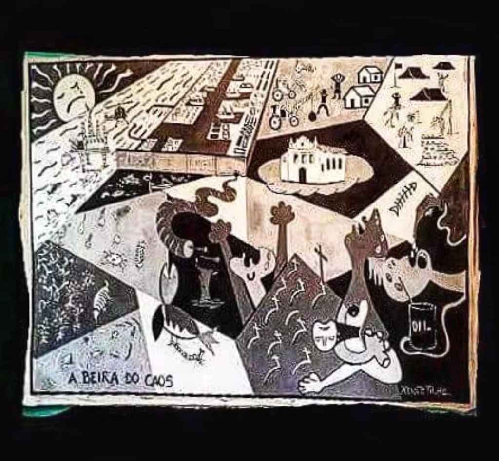 Tela pintada por Renato Filho, que se inspirou na famosa Guernica de Pablo Picasso, para alertar sobre o risco de destruição da natureza e do modo de vida de comunidades tradicionais. Foto: Divulgação