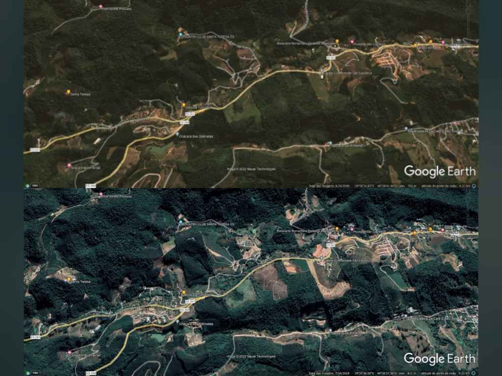 São Lourenço na região serrana de Santa Teresa - ES. Foto reprodução Google em Situação 2009 x 2019